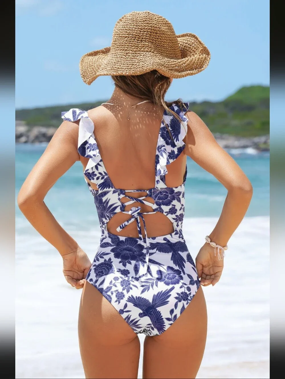 Cupshe Sweet Florals Ruffled Lace-Up Tummy Control One-Piece- L